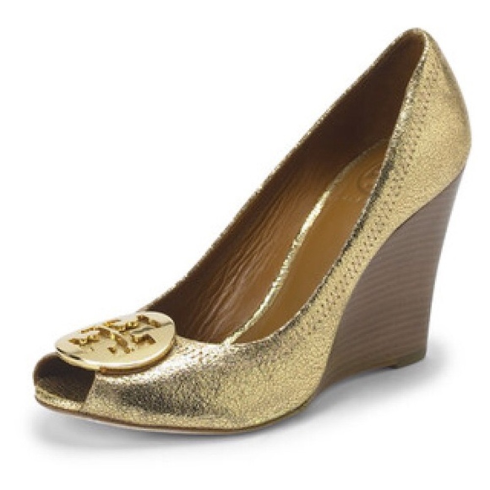 Tory Burch Julianne peep toe wedge gold